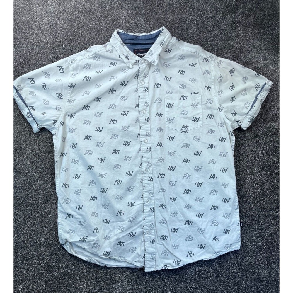Aeropostale Mens XL A87 Short‎ Sleeve Button-Up Shirt White & Gray Cotton
